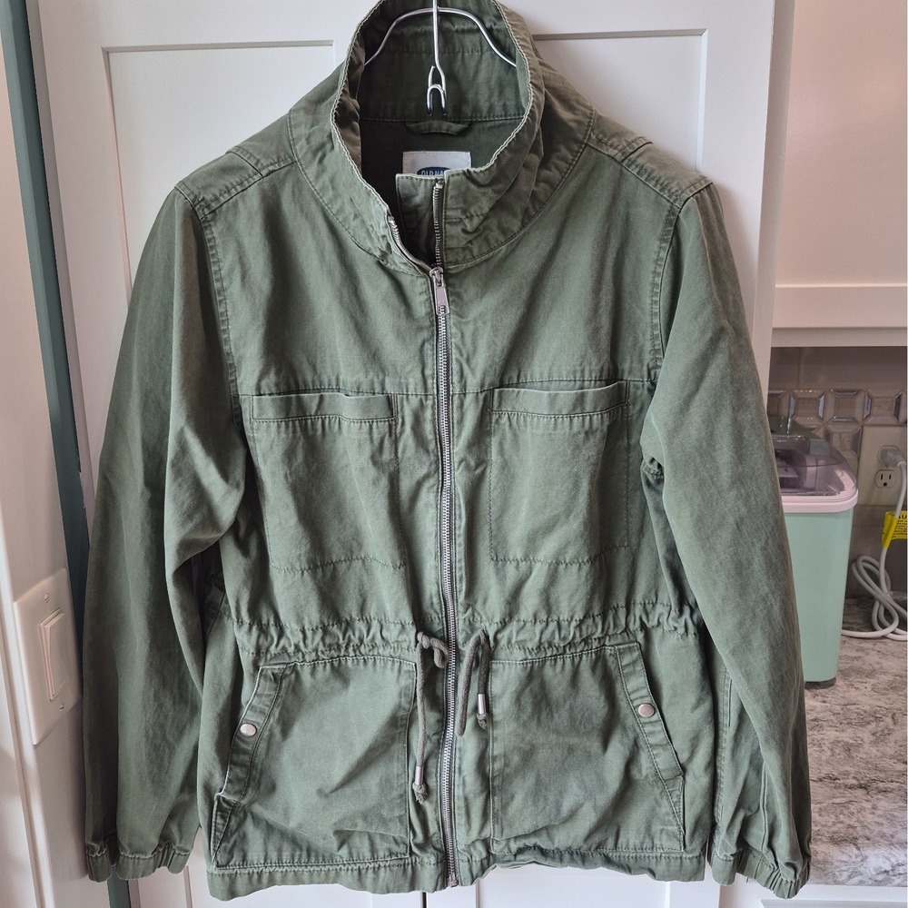 Old Navy Women's L Full Zip High Neck Cinch Waist Army Hunter Green Field Jacket
